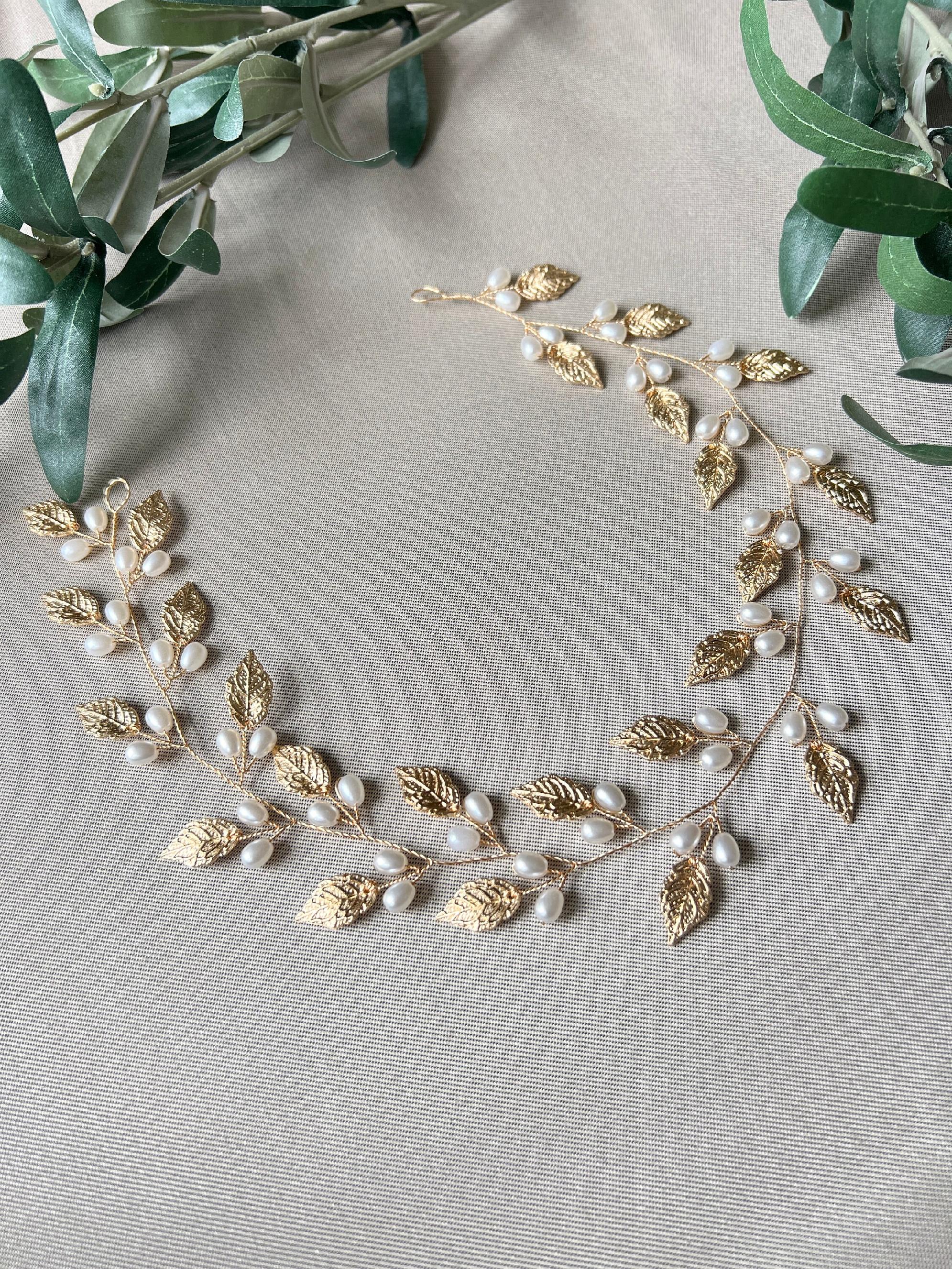 Haarschmuck Braut, Haarranke, Silber, Gold Haarkranz mit Perlen, Hochzeit Schmuck, - Gold-Brauthaarschmuck-Schmuckblüte