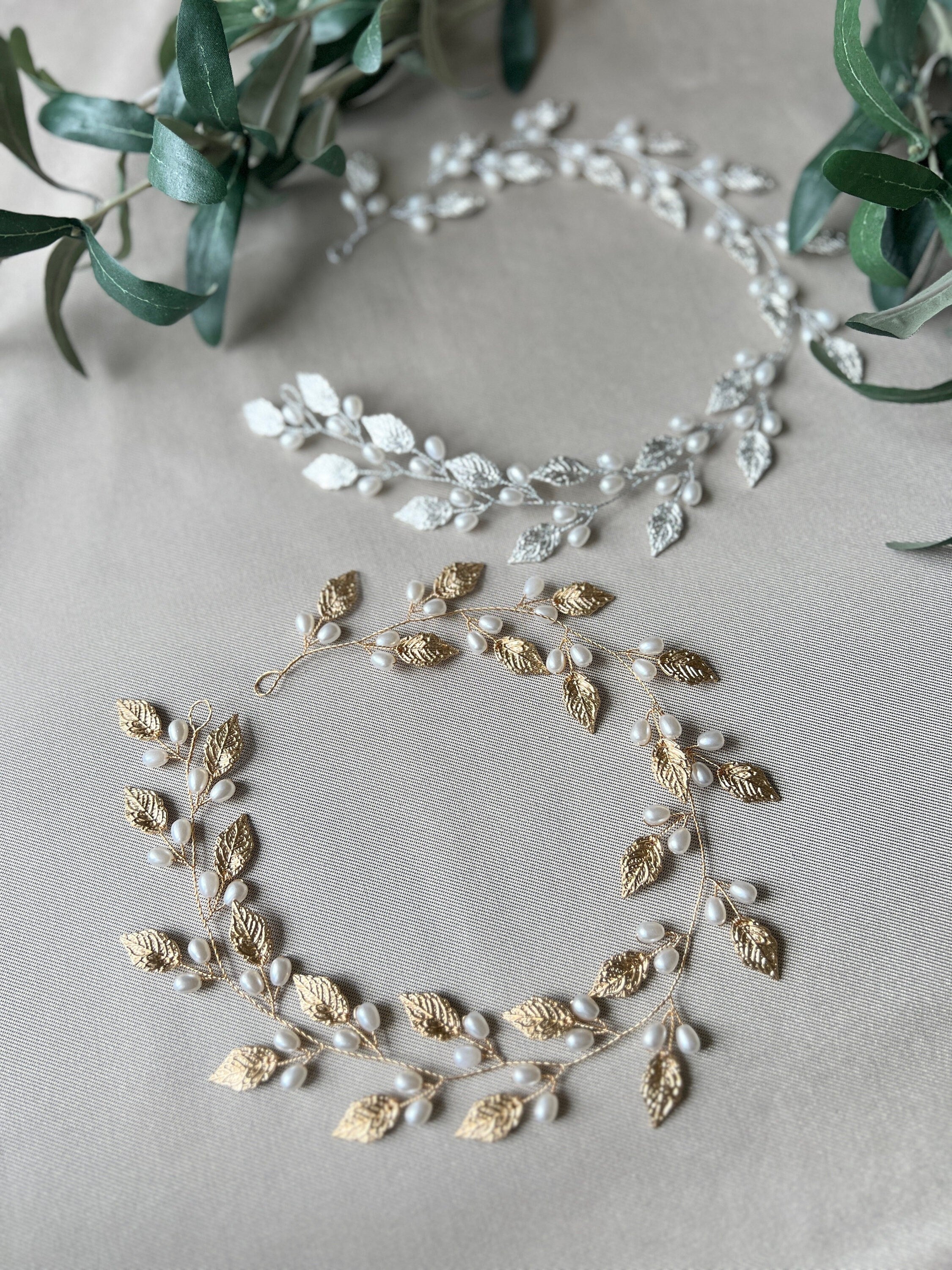 Haarschmuck Braut, Haarranke, Silber, Gold Haarkranz mit Perlen, Hochzeit Schmuck, - Gold-Brauthaarschmuck-Schmuckblüte