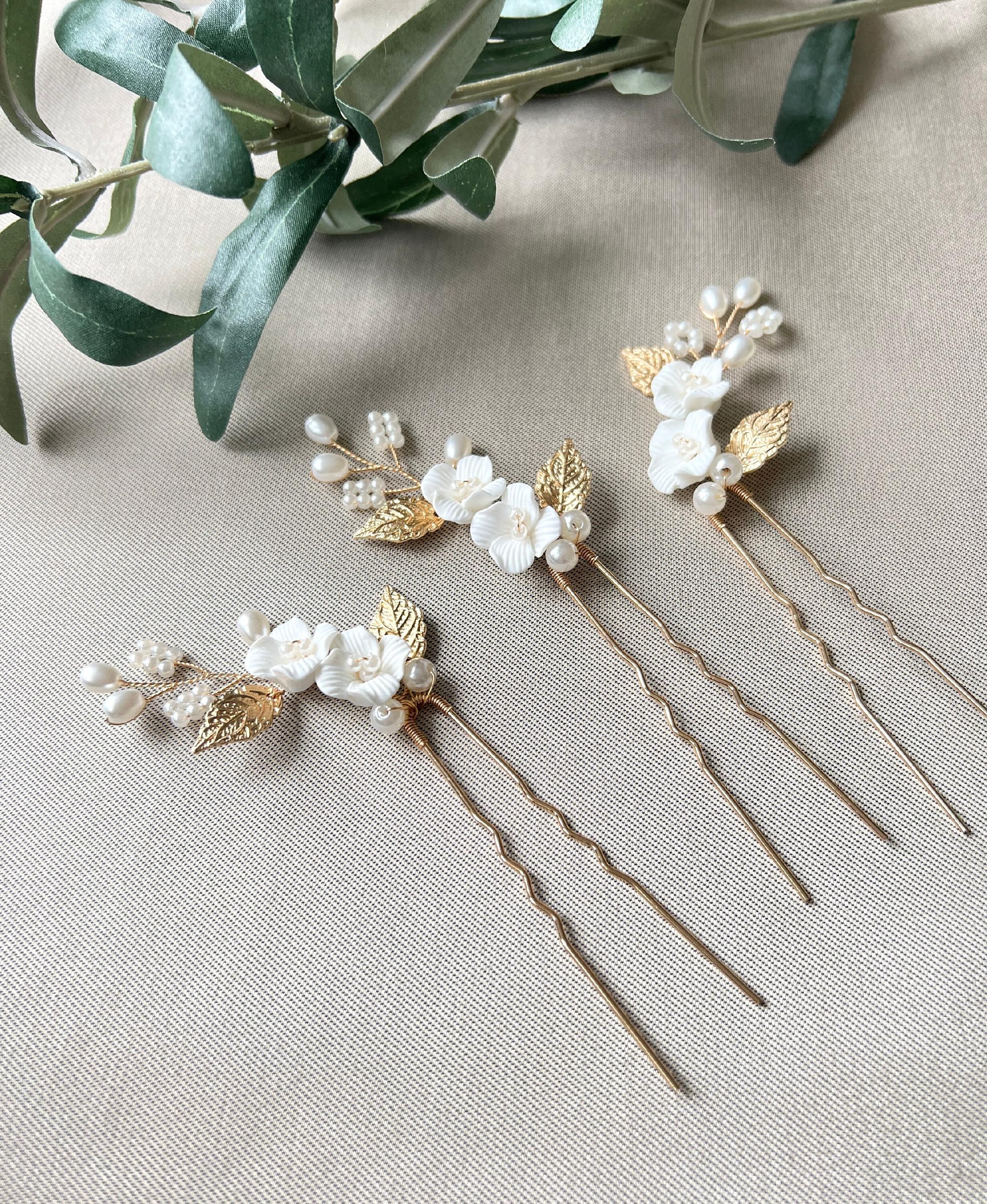 Haarspange Set 3 Stück Braut Gold mit weißen Perlen Blumen Blätter Brautschmuck Braut Haarschmuck-Brauthaarschmuck-Schmuckblüte