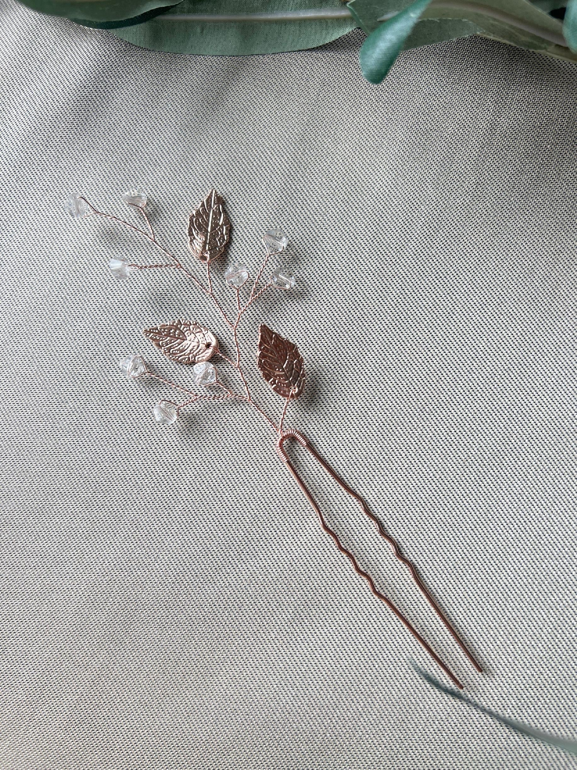 Haarspange, rosegold, Blätter mit Perlen, Brautschmuck, Braut Haarschmuck, Brautjungfern, Haarnadel, Schiebehaarklammer, Haarkamm - Einzeln-Brauthaarschmuck-Schmuckblüte