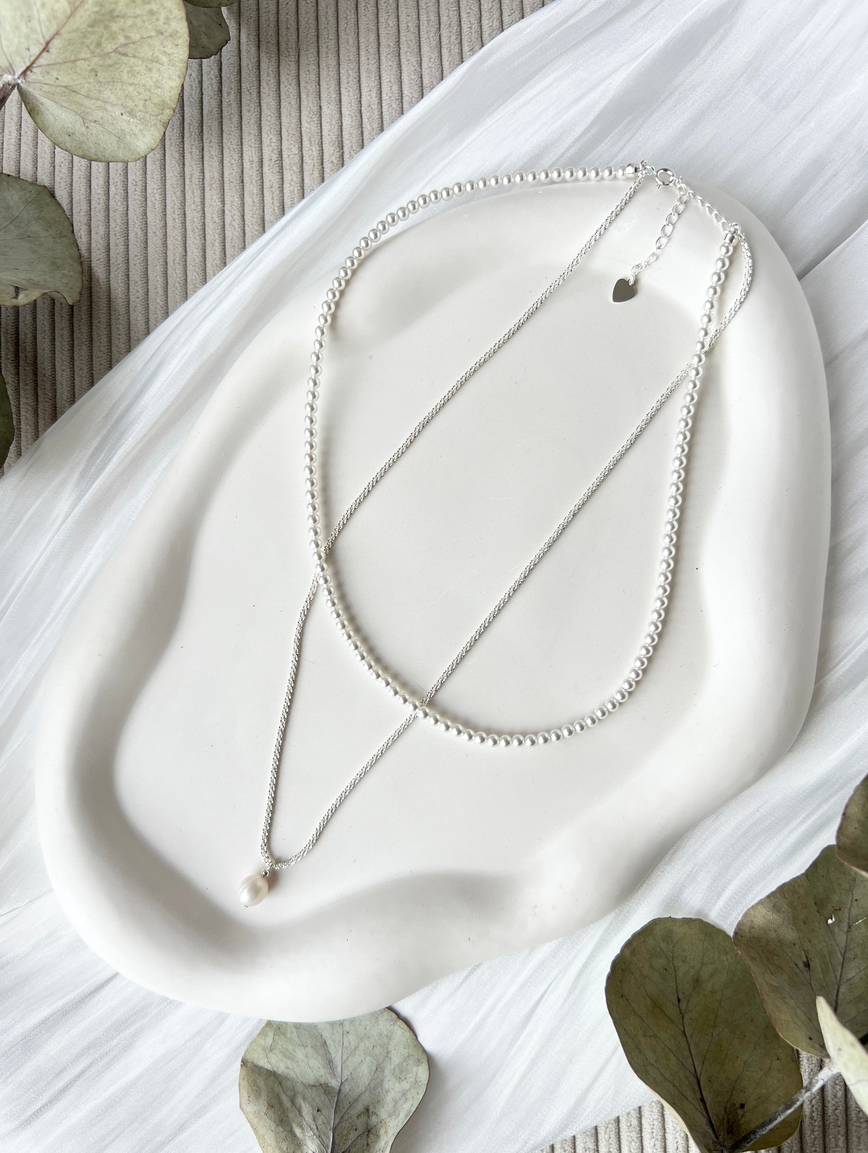 Layering Halskette, Silber, mehrreihige Kette, kurz und lang, Perlenanhänger