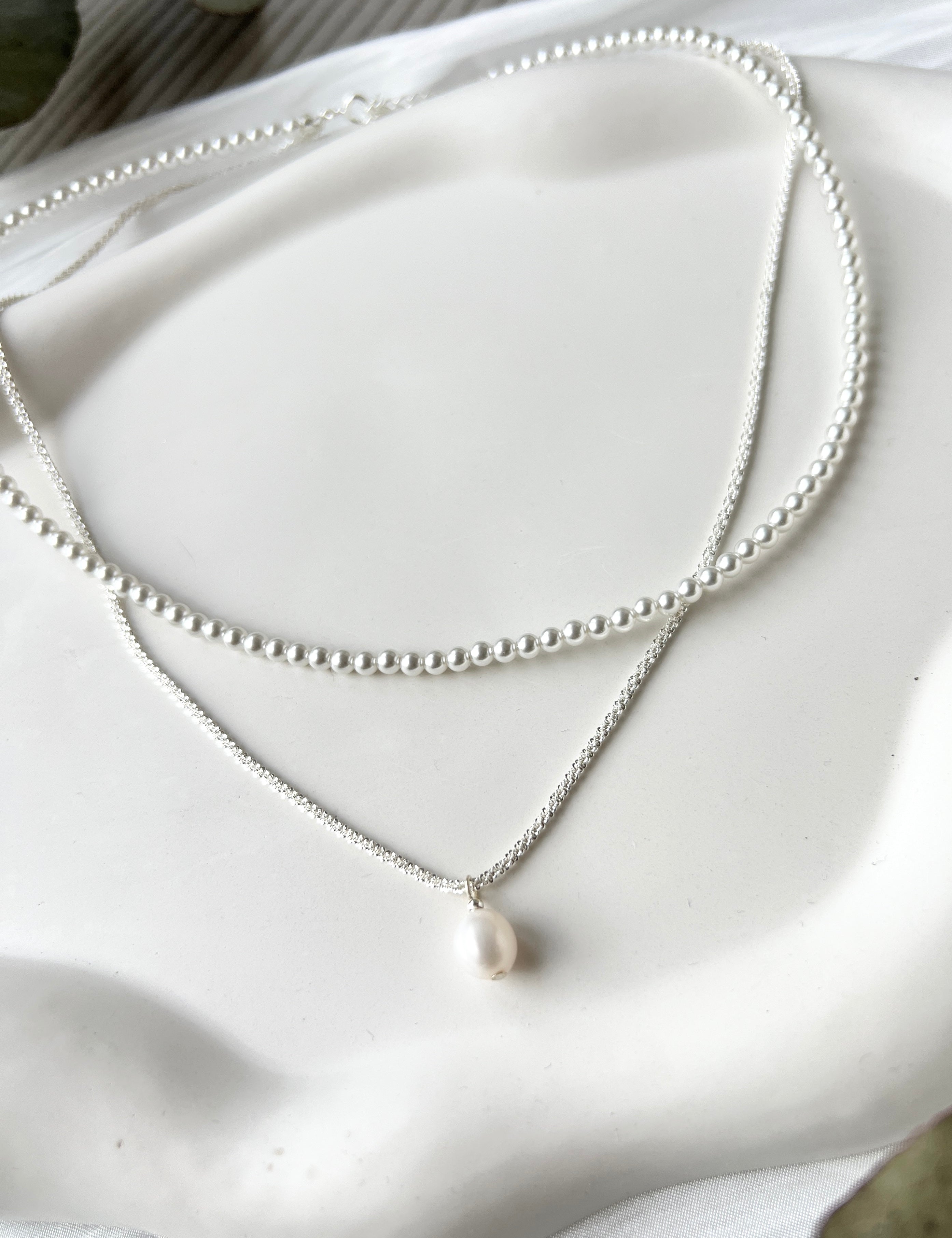 Layering Halskette, Silber, mehrreihige Kette, kurz und lang, Perlenanhänger