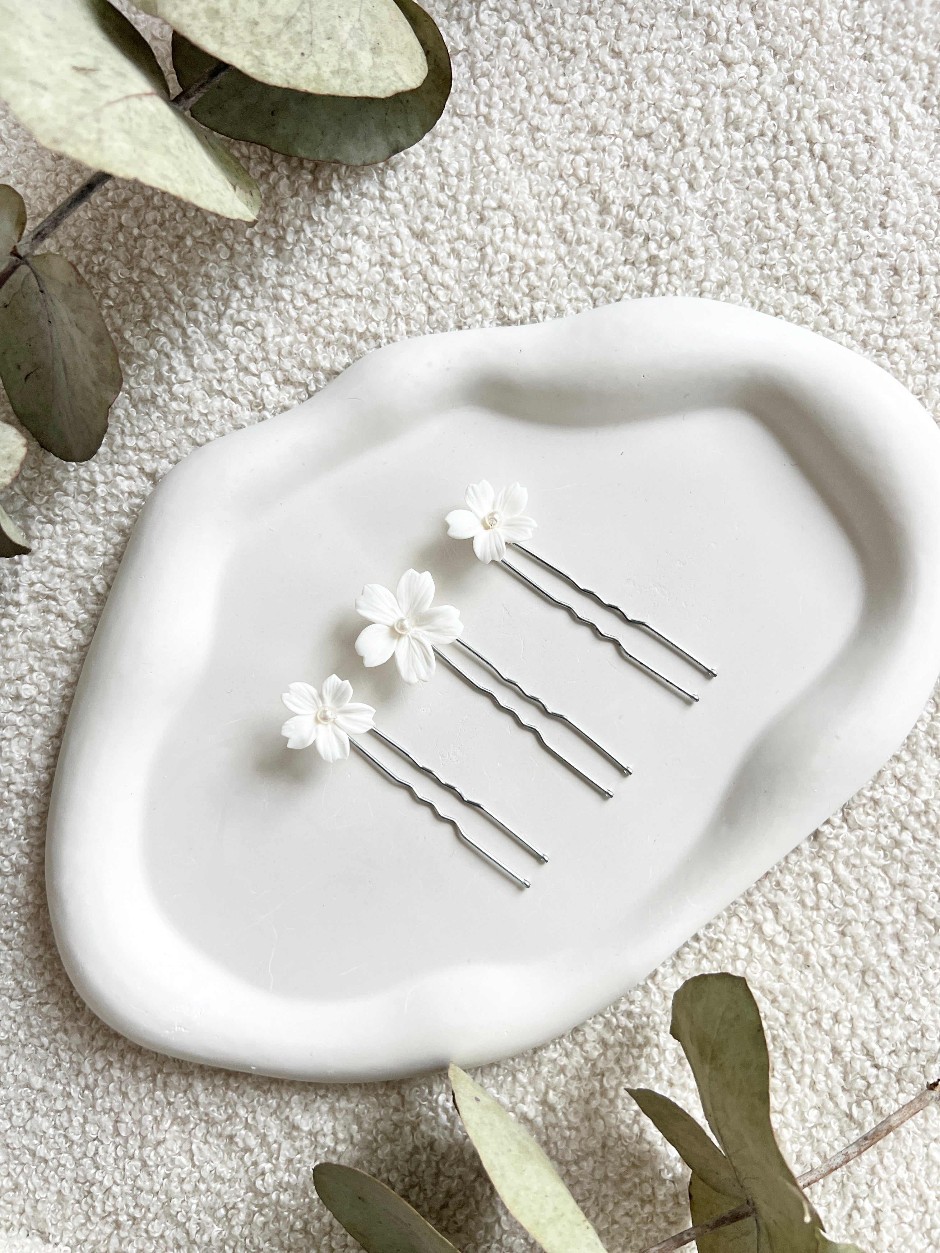 Haarnadeln, Set 3 Stück, weiße feine Blüten, Brauthaarschmuck