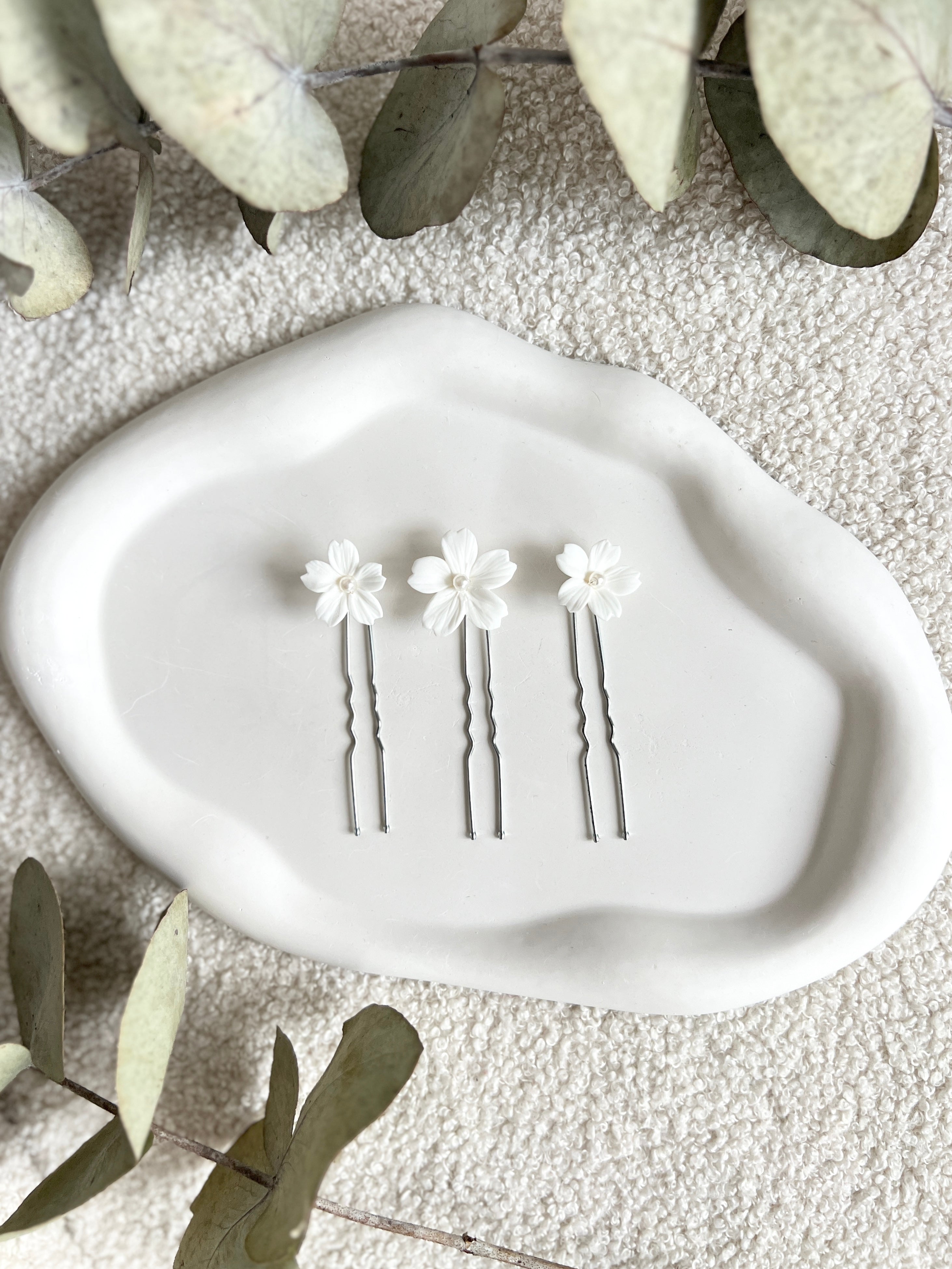 Haarnadeln, Set 3 Stück, weiße feine Blüten, Brauthaarschmuck