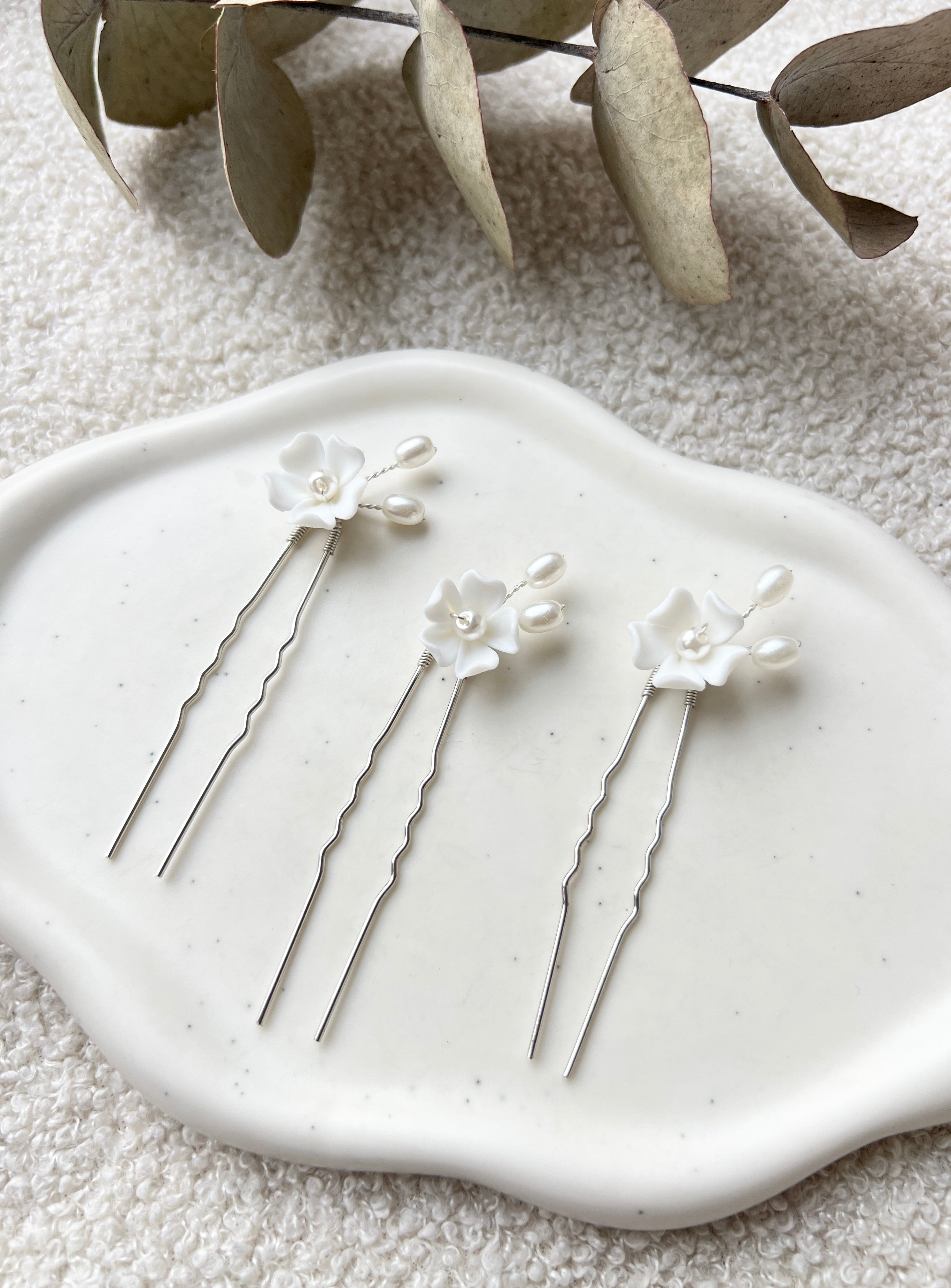 Haarnadeln, 3 Stück, Brautset, Silber, weiße Perlen, Keramikblumen, Brautschmuck, Hochzeit Haarschmuck