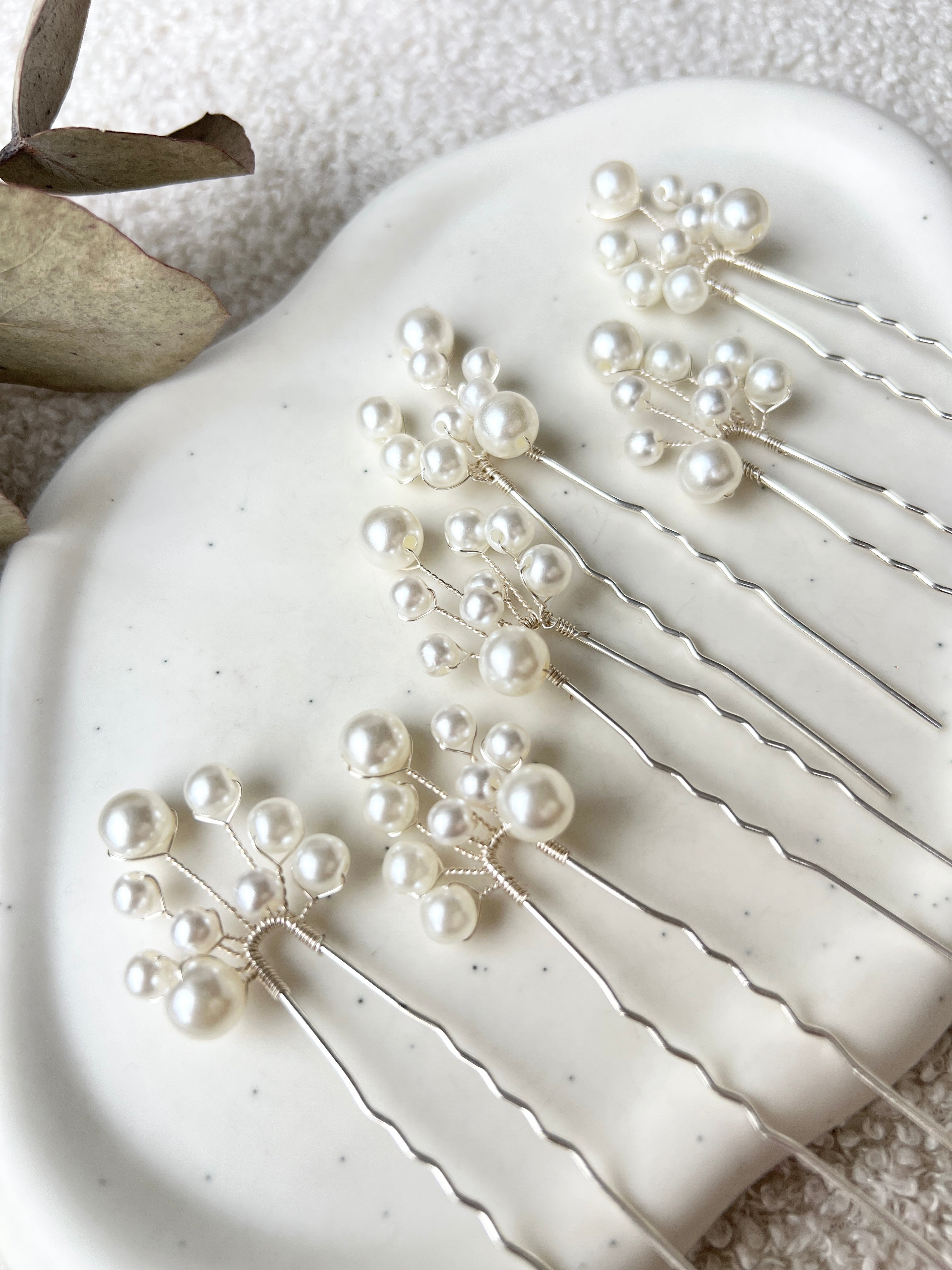 Brauthaarschmuck, Set 6 Stück, Haarspangen Silber mit weißen Perlen, Haarnadeln, Brautschmuck