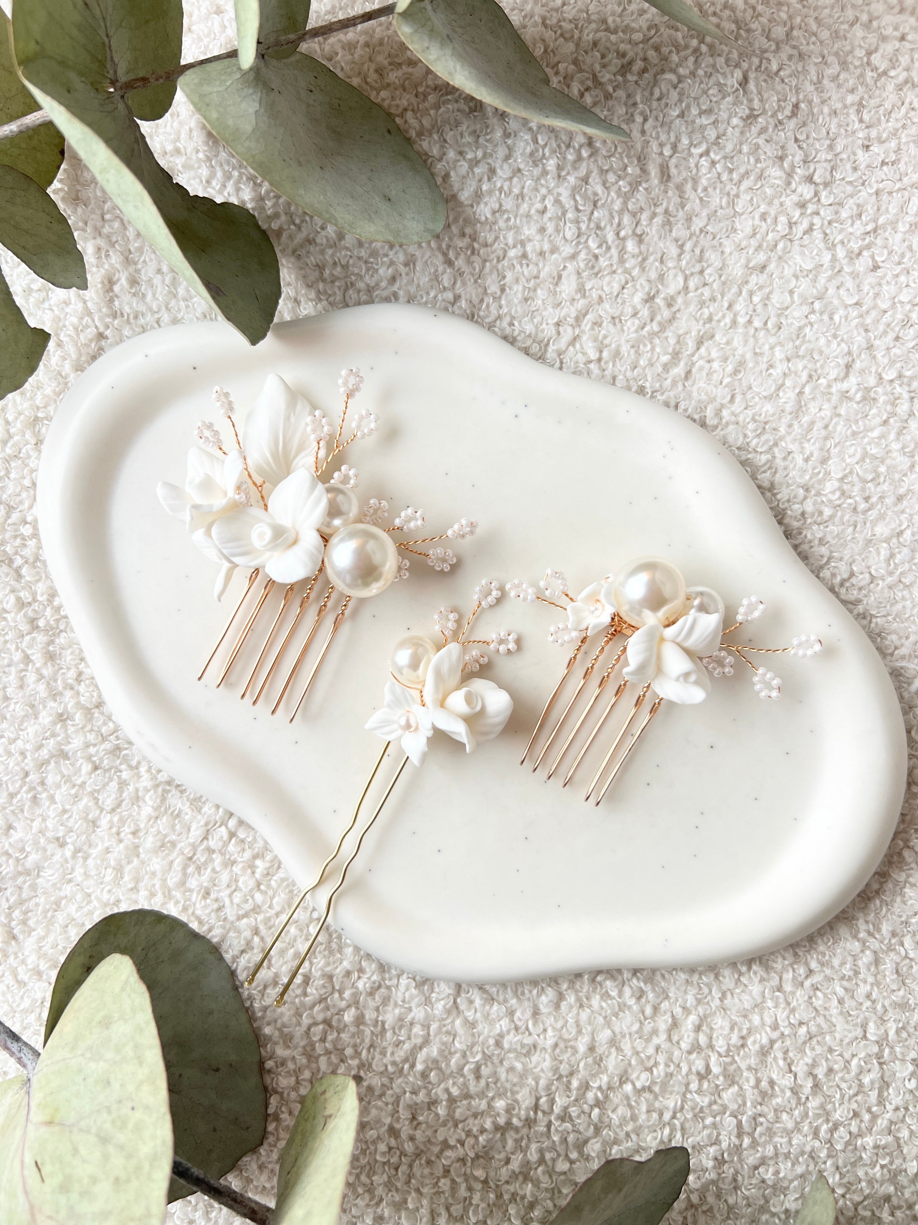 Haarschmuck für die Braut, Set 3 Stück, Gold und Weiß, Perlen und Blüten
