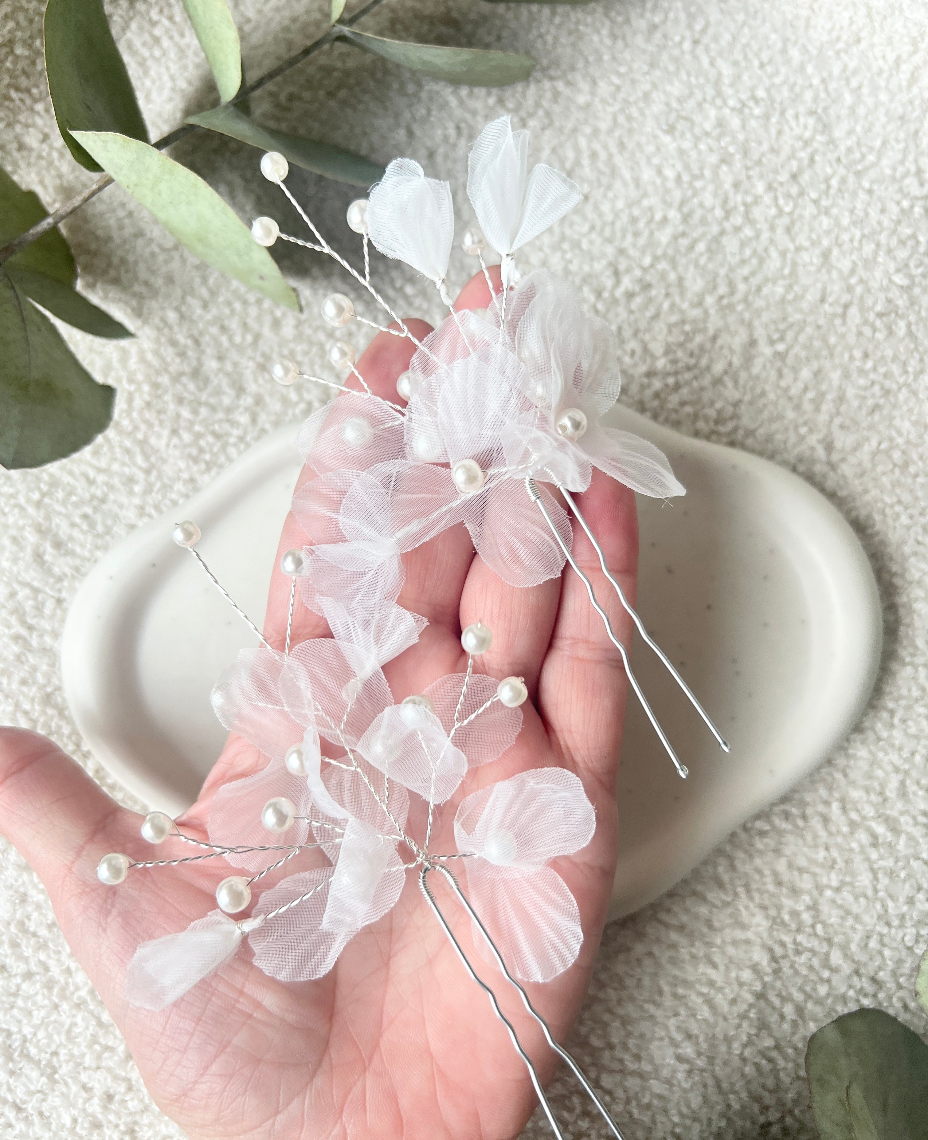 Haarnadeln Haarschmuck Brautset Hochzeit Brautschmuck Silber feine weisse PerlenHochzeitsschmuck moderner Brauthaarschmuck Schmuckbluete